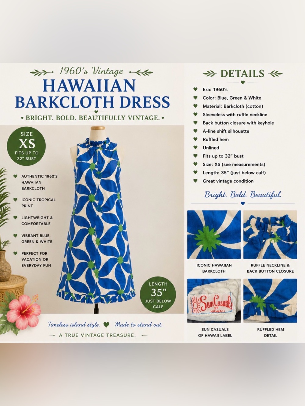 Vintage 60s - Sun Casuals -Blue and White Hawaiian Barkcloth Dress -petite xs